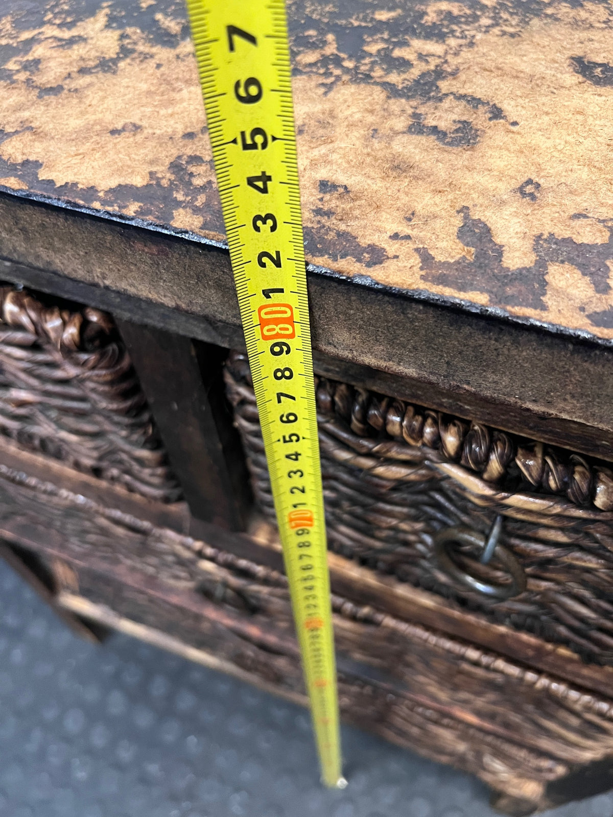 Rustic Wooden Chest with Woven Wicker Drawers — Well Used with Heavy Surface Wear – height measurement