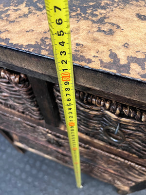 Rustic Wooden Chest with Woven Wicker Drawers — Well Used with Heavy Surface Wear – height measurement