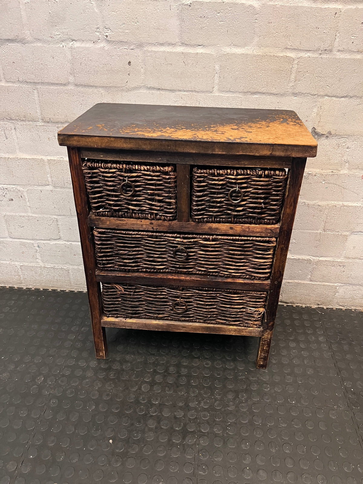 Rustic Wooden Chest with Woven Wicker Drawers — Well Used with Heavy Surface Wear – main front view