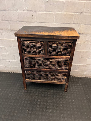 Rustic Wooden Chest with Woven Wicker Drawers — Well Used with Heavy Surface Wear – main front view