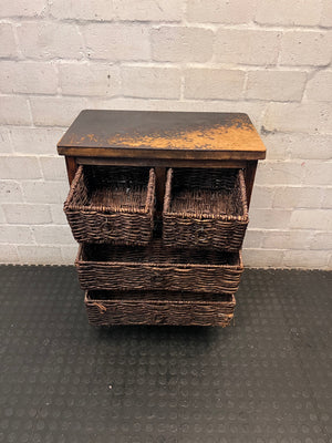 Rustic Wooden Chest with Woven Wicker Drawers — Well Used with Heavy Surface Wear – side view
