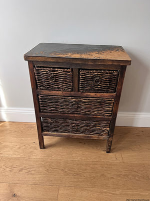 Rustic Wooden Chest with Woven Wicker Drawers — Well Used with Heavy Surface Wear – styled product image