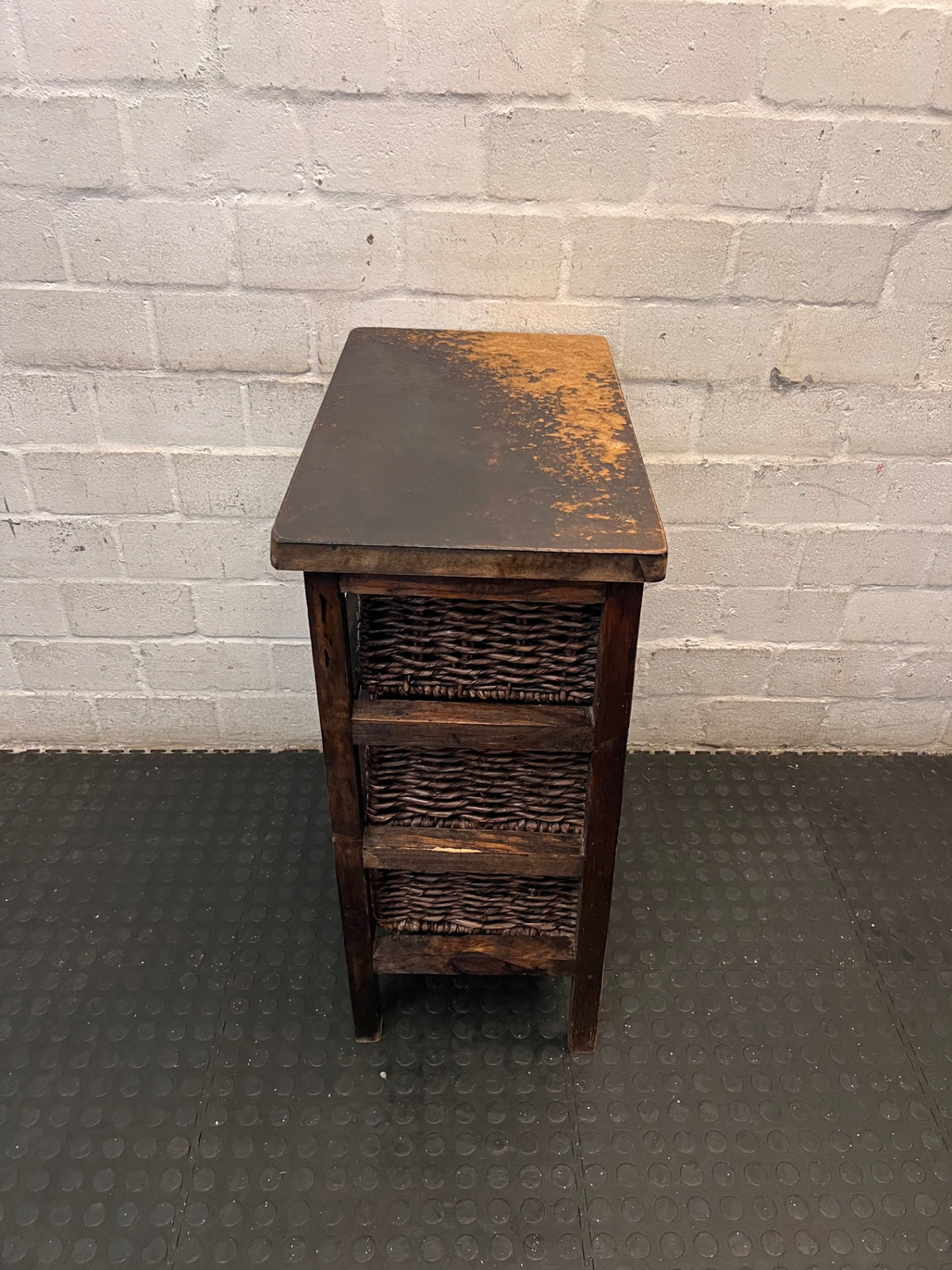 Rustic Wooden Chest with Woven Wicker Drawers — Well Used with Heavy Surface Wear – top view