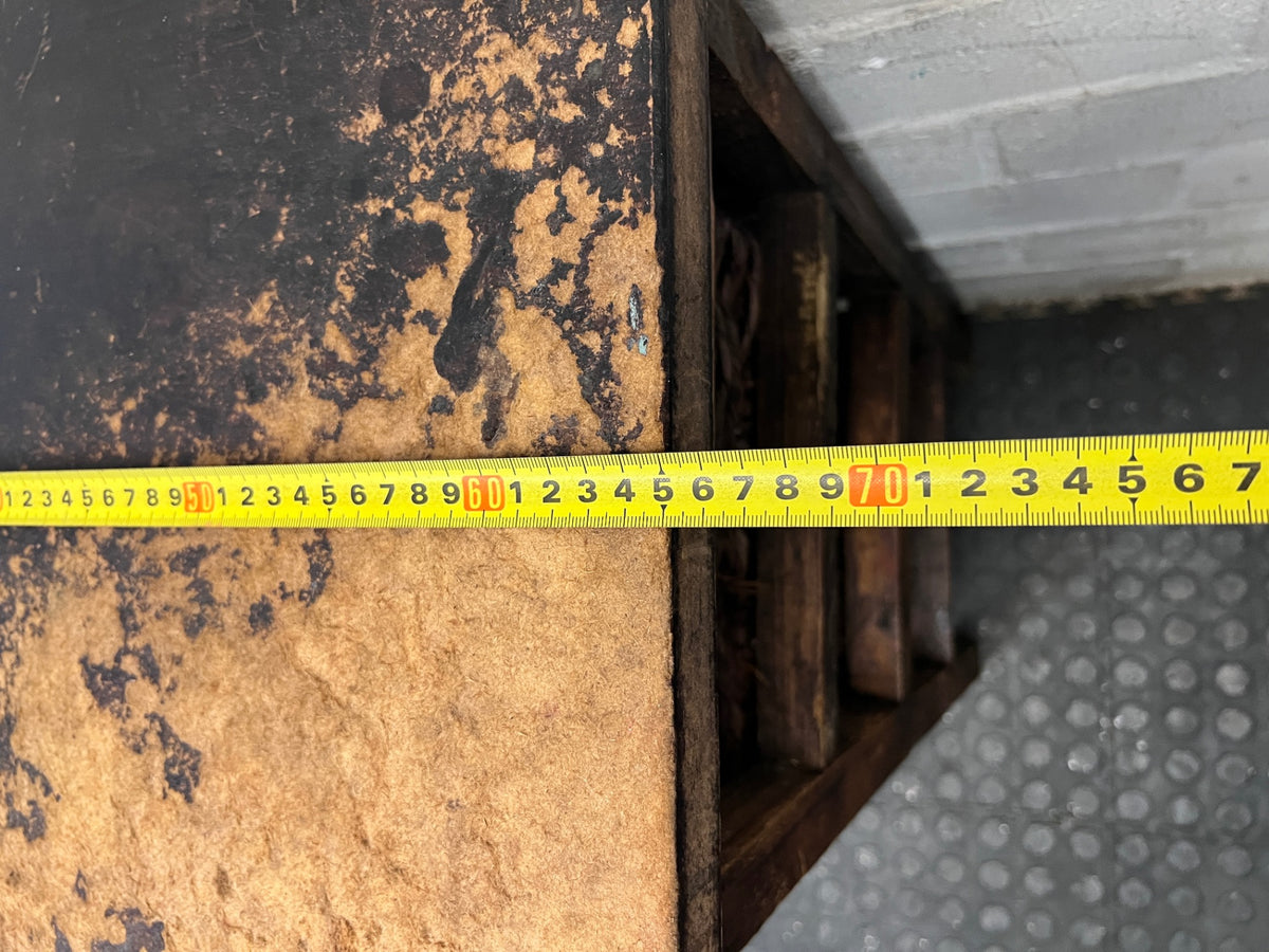 Rustic Wooden Chest with Woven Wicker Drawers — Well Used with Heavy Surface Wear – width measurement