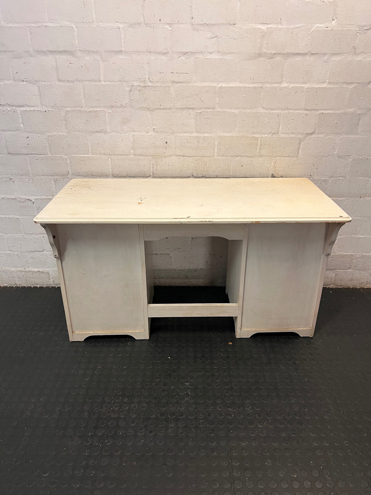 White Wooden Twin-Pedestal Office Desk — Well Used with Missing Hardware – back view