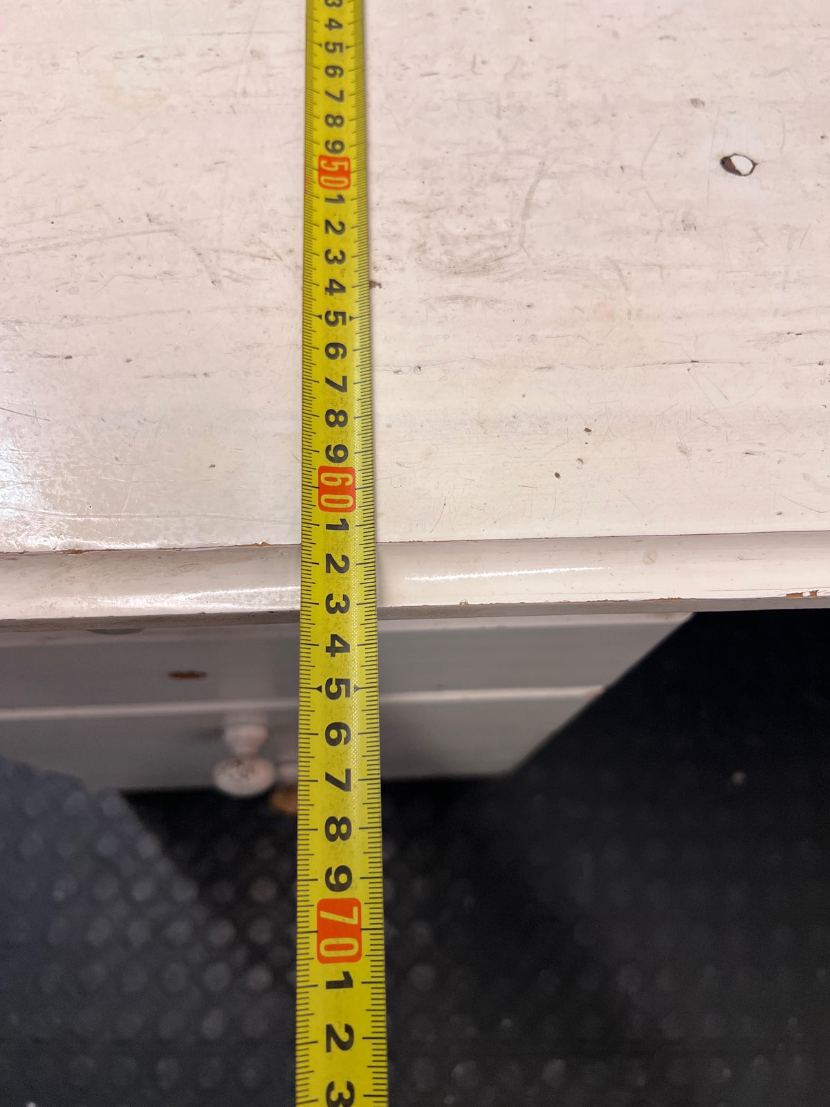 White Wooden Twin-Pedestal Office Desk — Well Used with Missing Hardware – depth measurement