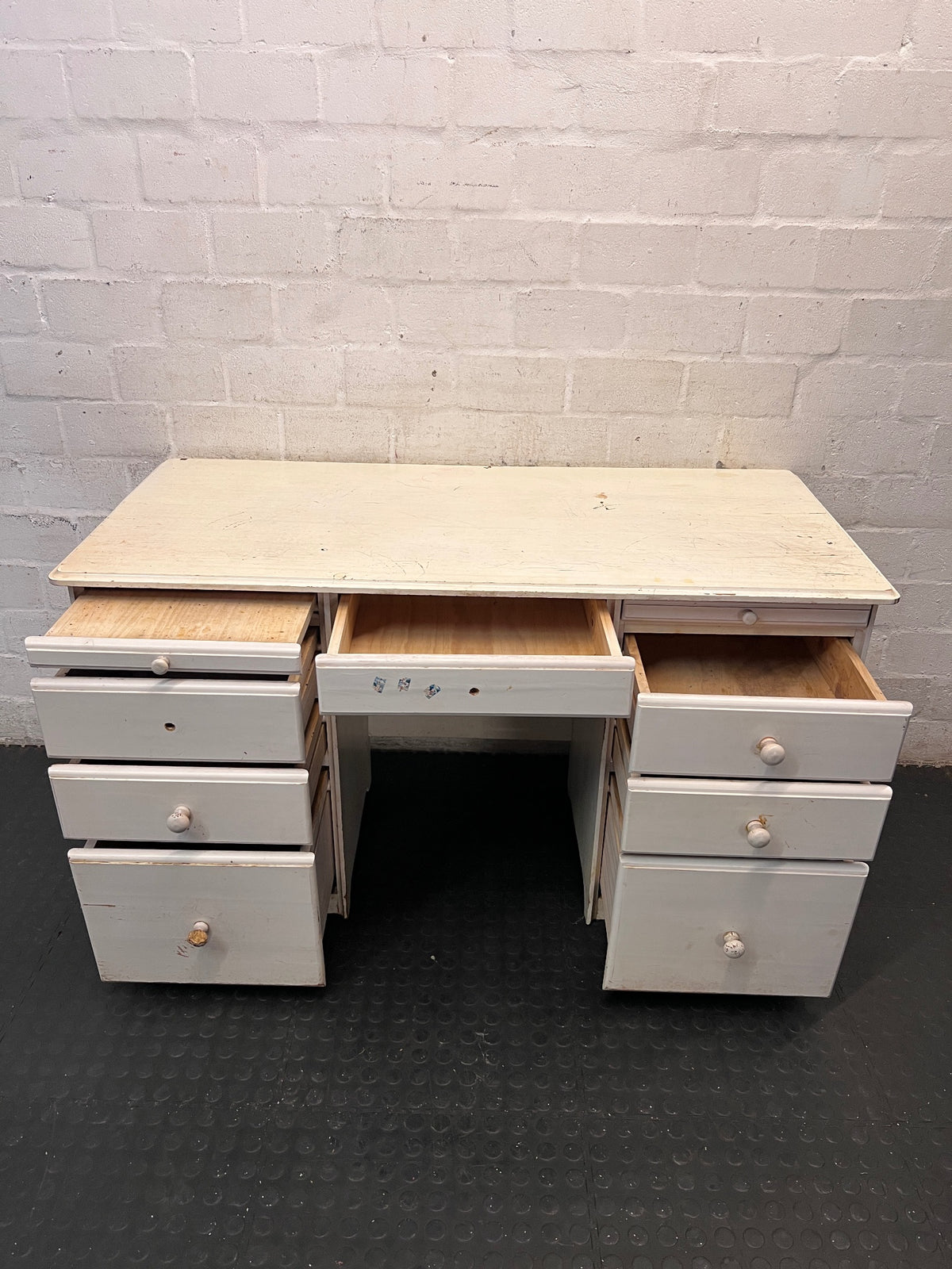 White Wooden Twin-Pedestal Office Desk — Well Used with Missing Hardware – side view
