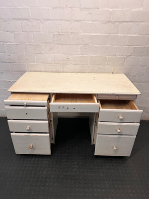 White Wooden Twin-Pedestal Office Desk — Well Used with Missing Hardware – side view