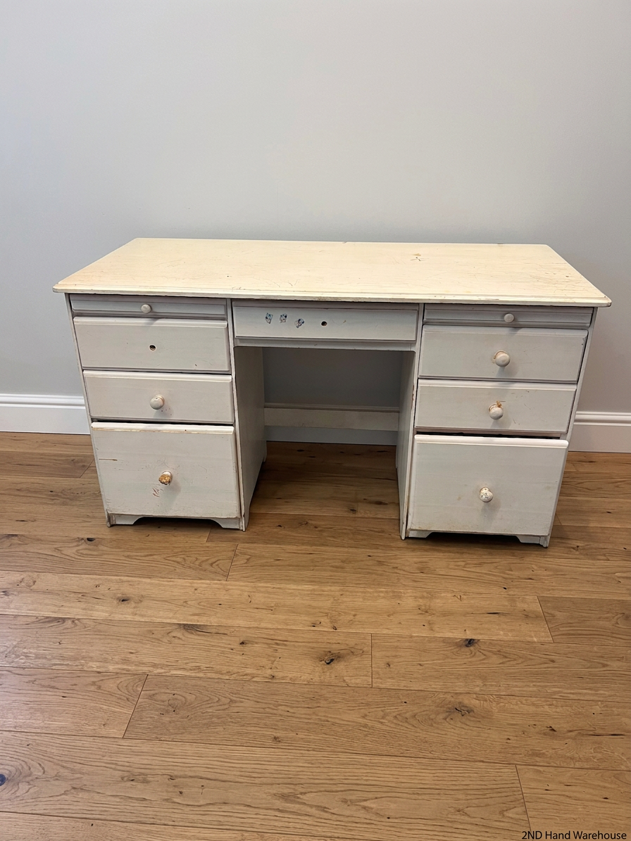 White Wooden Twin-Pedestal Office Desk — Well Used with Missing Hardware – styled product image