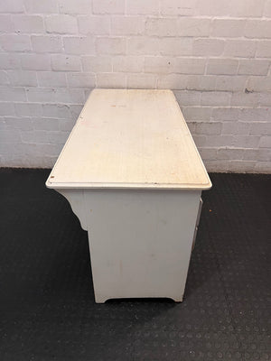 White Wooden Twin-Pedestal Office Desk — Well Used with Missing Hardware – top view