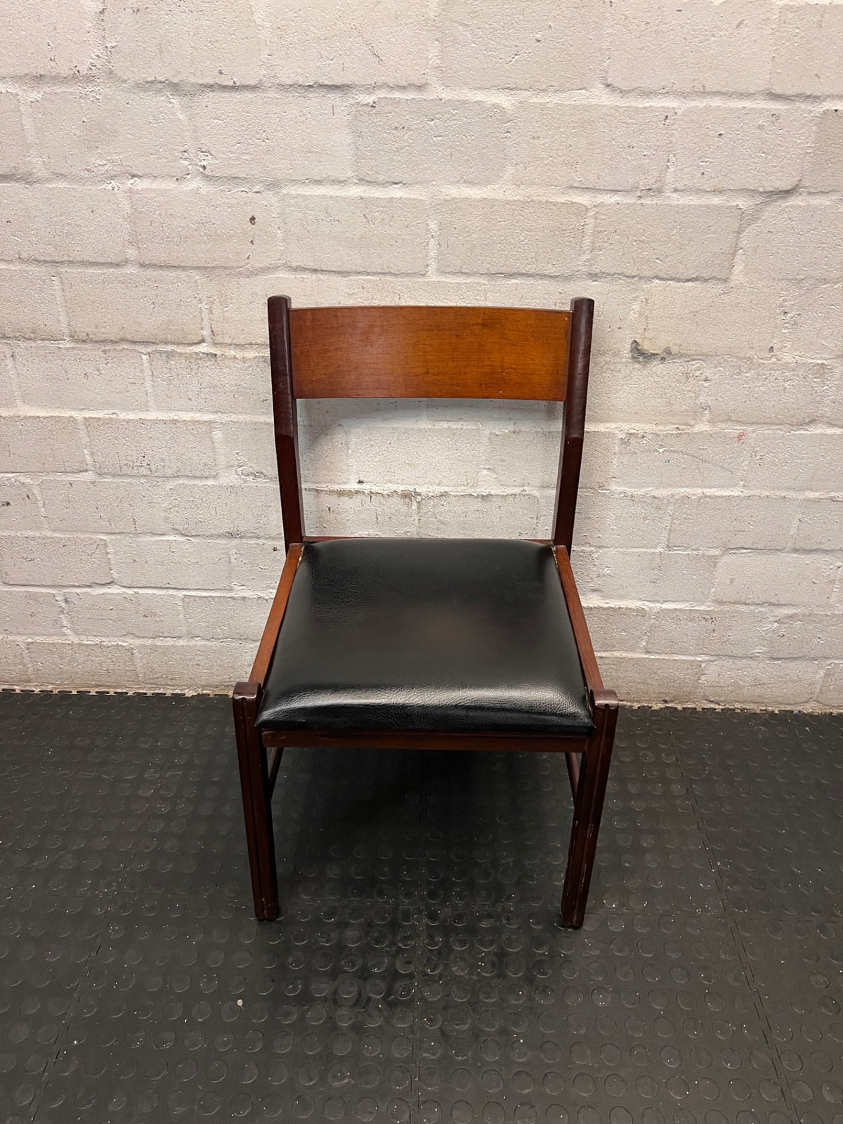 Vintage-Style Wooden Dining Chair with Black Padded Seat — Well Used Condition – main front view