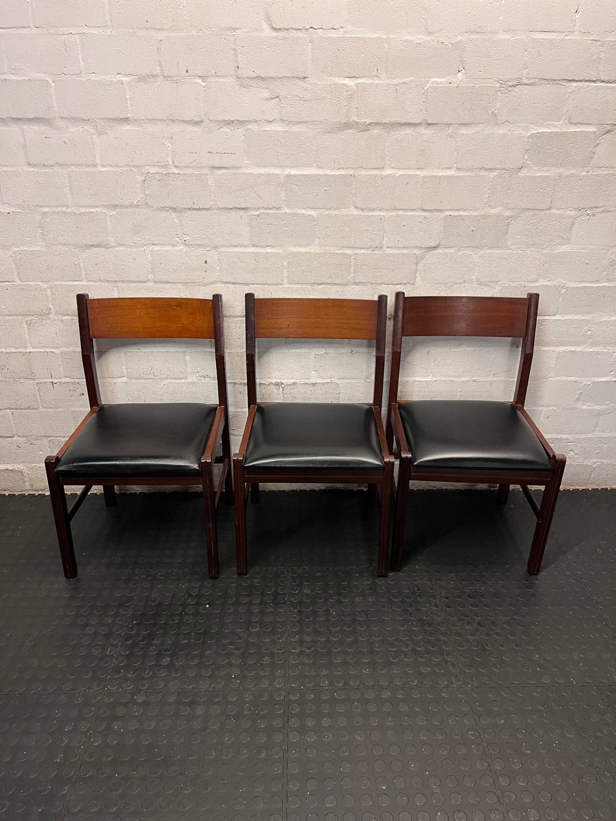 Vintage-Style Wooden Dining Chair with Black Padded Seat — Well Used Condition – side view