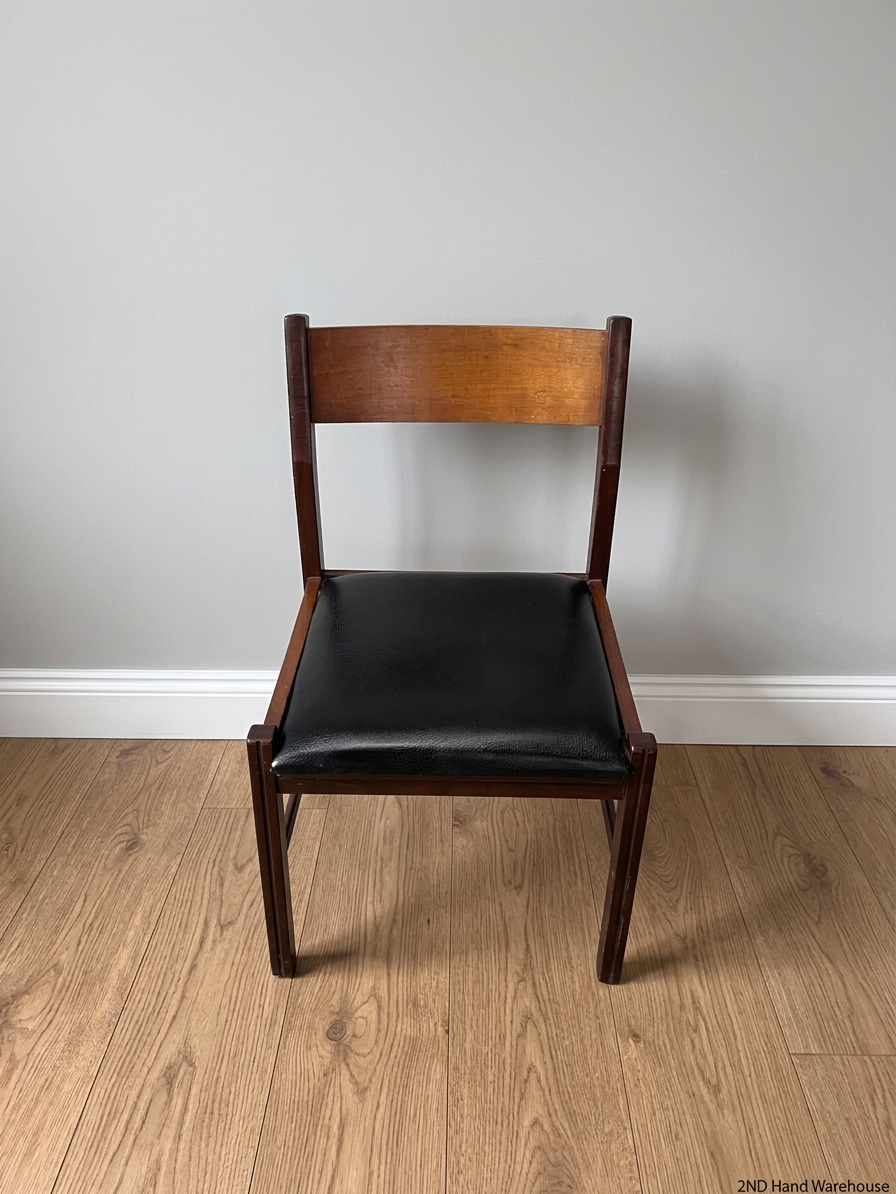 Vintage-Style Wooden Dining Chair with Black Padded Seat — Well Used Condition – styled product image