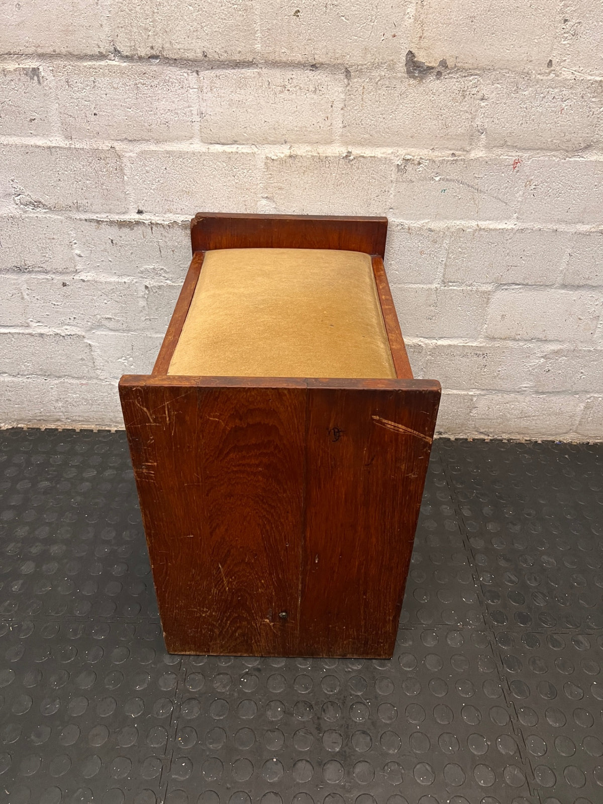 Upholstered Wooden Dressing Table Bench / Piano Stool — Well Used with Visible Scuffs and Fabric Wear – back view