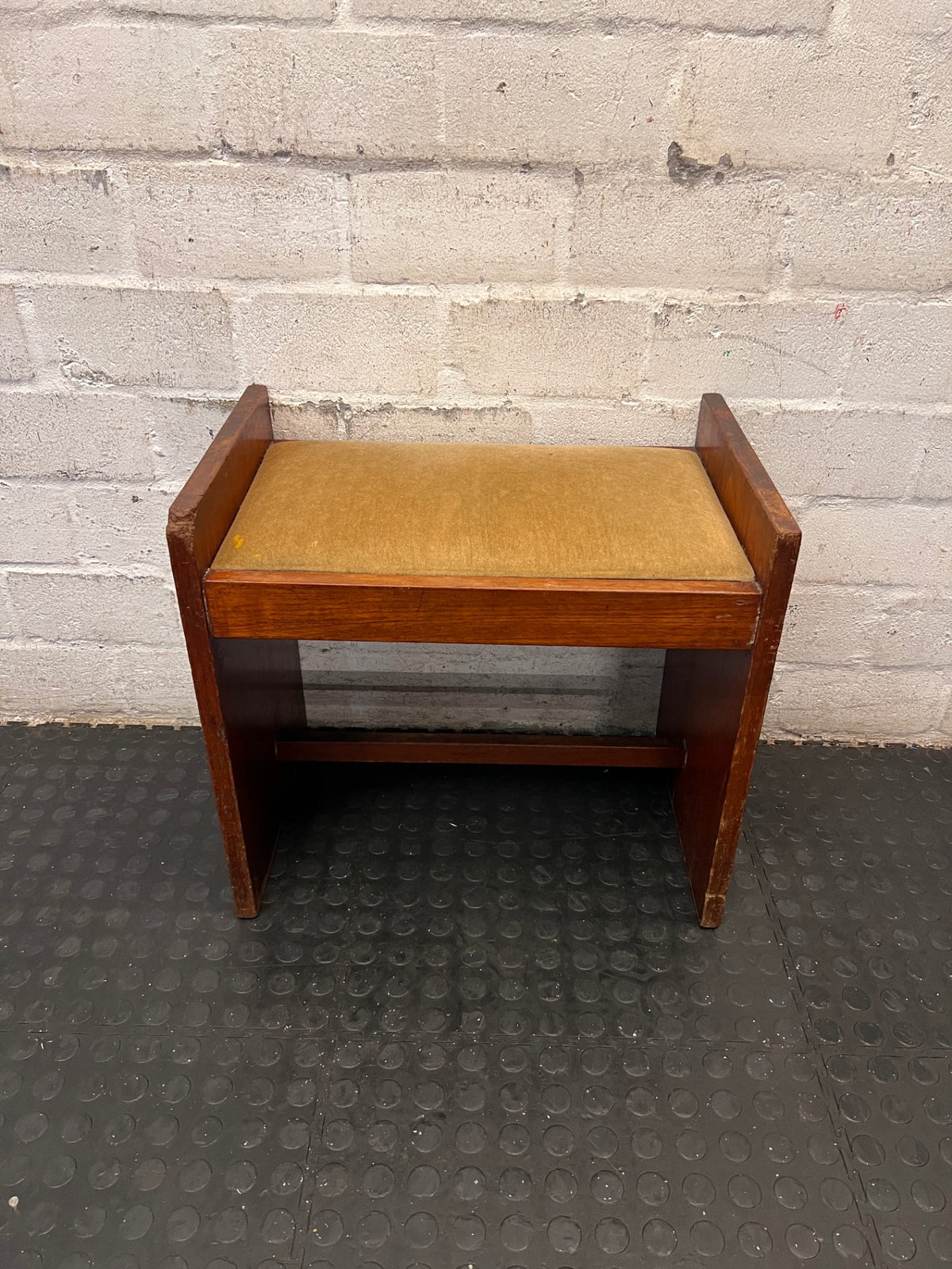 Upholstered Wooden Dressing Table Bench / Piano Stool — Well Used with Visible Scuffs and Fabric Wear – condition detail