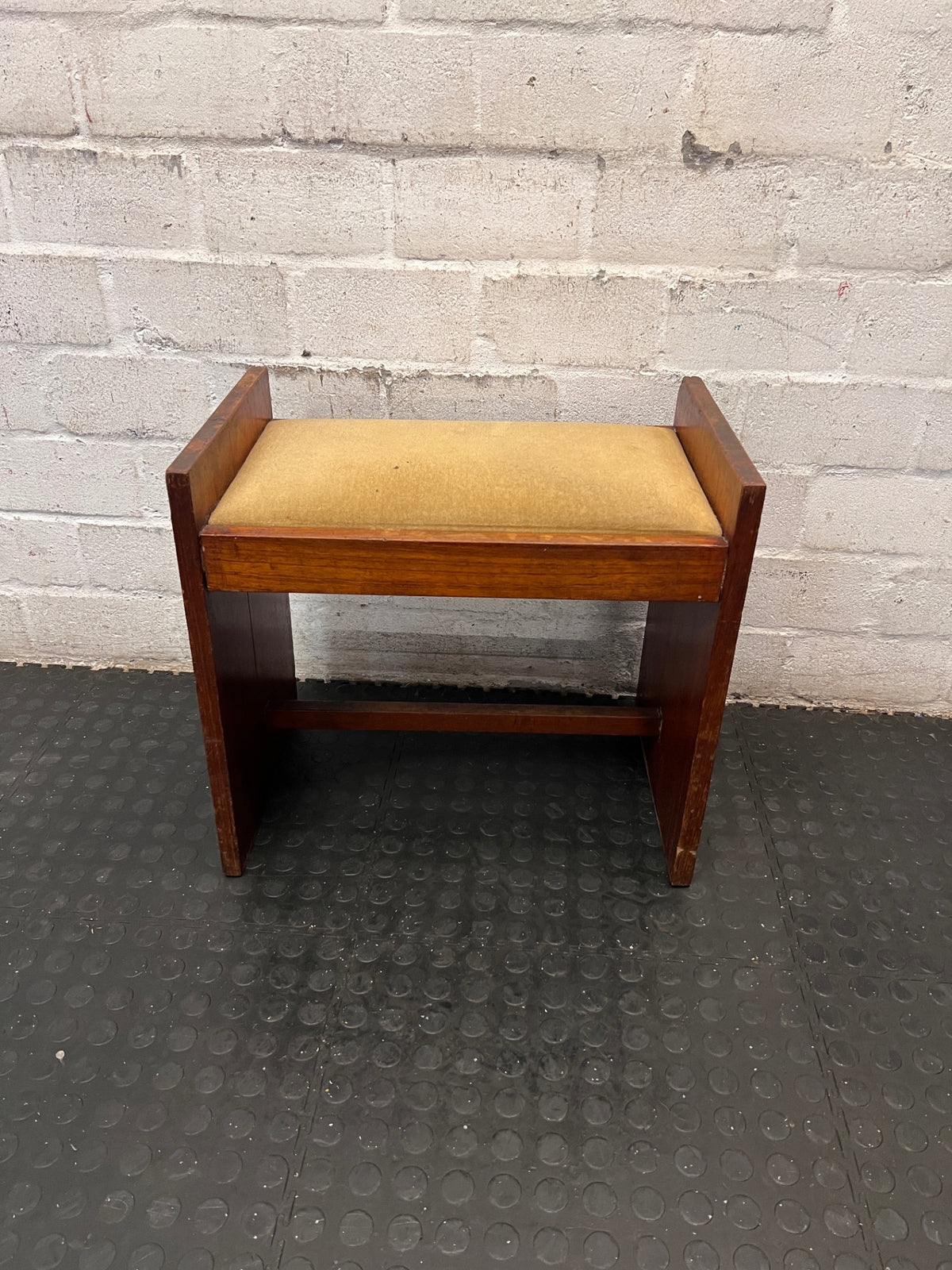 Upholstered Wooden Dressing Table Bench / Piano Stool — Well Used with Visible Scuffs and Fabric Wear – main front view