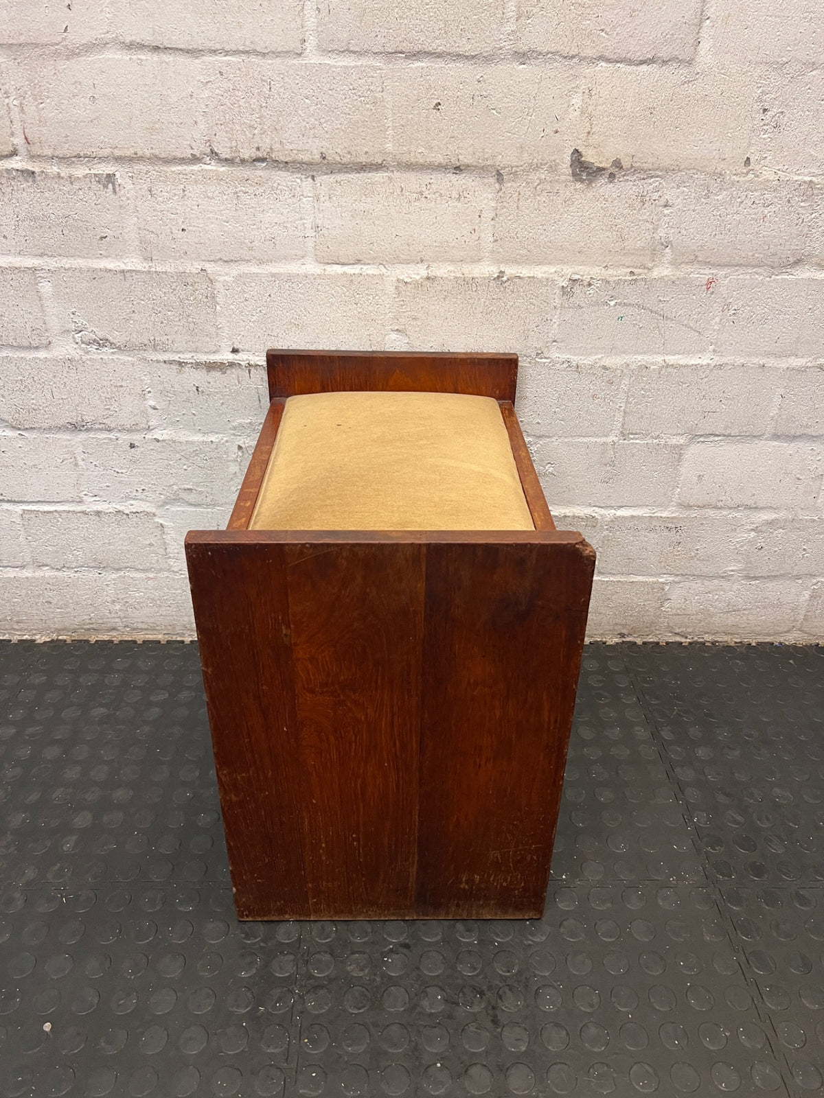 Upholstered Wooden Dressing Table Bench / Piano Stool — Well Used with Visible Scuffs and Fabric Wear – side view