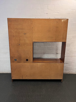 Vintage-Style Brown Wooden Wall Unit with Cabinets — Structural Damage and Wear to Base and Doors – back view
