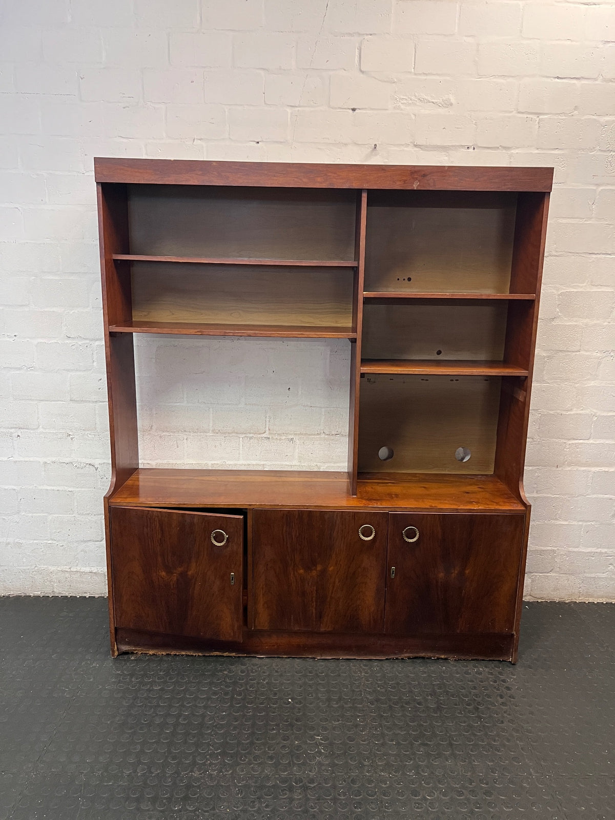 Vintage-Style Brown Wooden Wall Unit with Cabinets — Structural Damage and Wear to Base and Doors – main front view