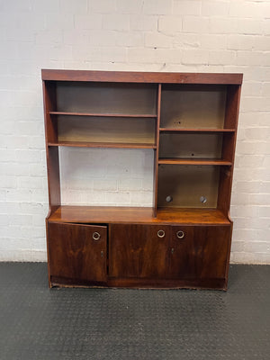 Vintage-Style Brown Wooden Wall Unit with Cabinets — Structural Damage and Wear to Base and Doors – main front view