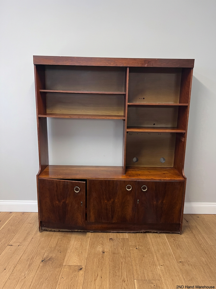 Vintage-Style Brown Wooden Wall Unit with Cabinets — Structural Damage and Wear to Base and Doors – styled product image
