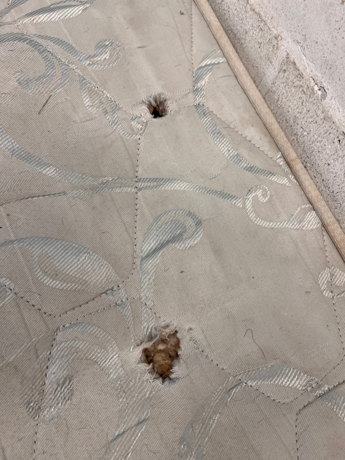 Single Upholstered Base Set with Patterned Mattress — Well Used with Significant Staining – condition detail