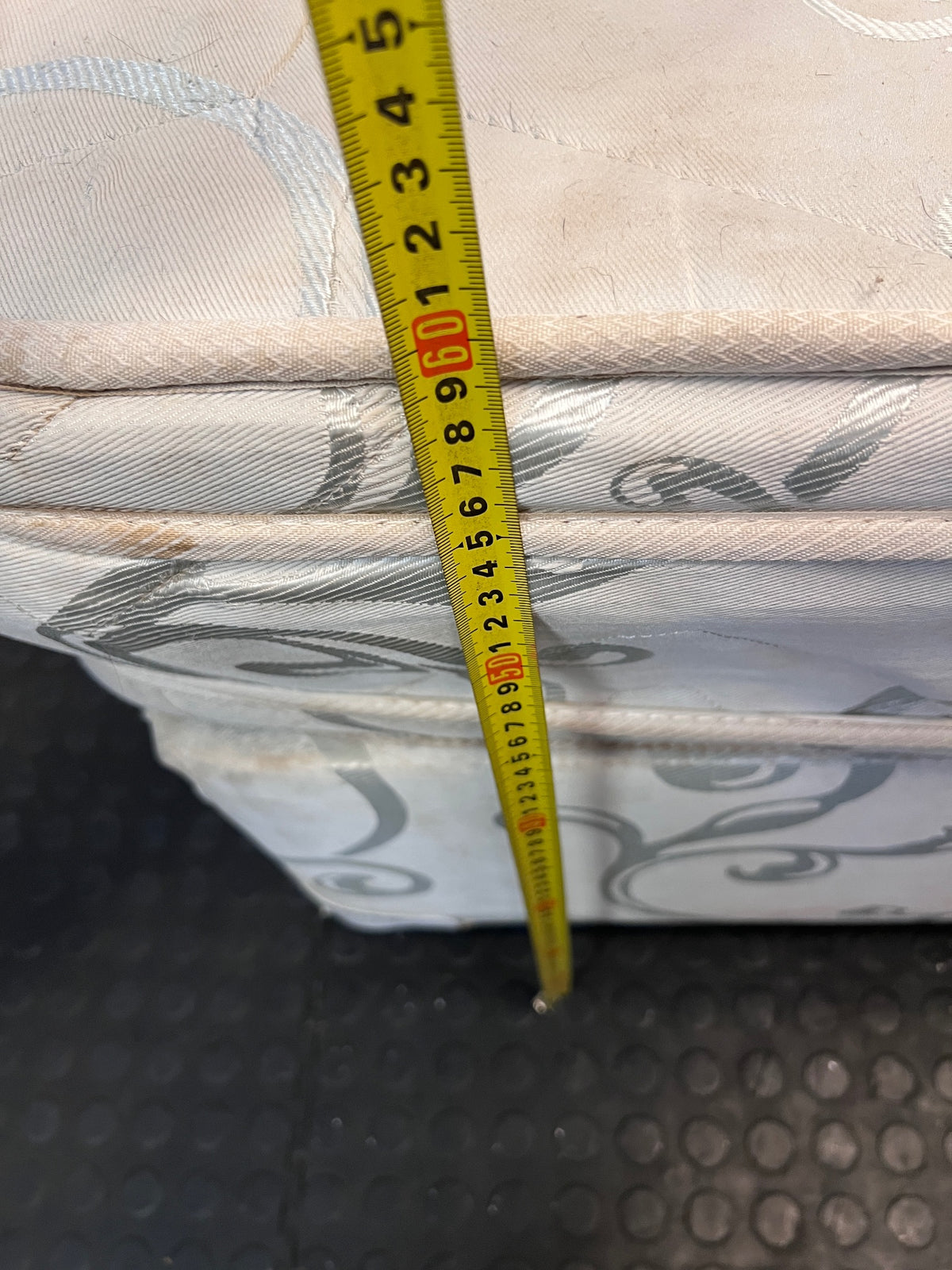 Single Upholstered Base Set with Patterned Mattress — Well Used with Significant Staining – height measurement