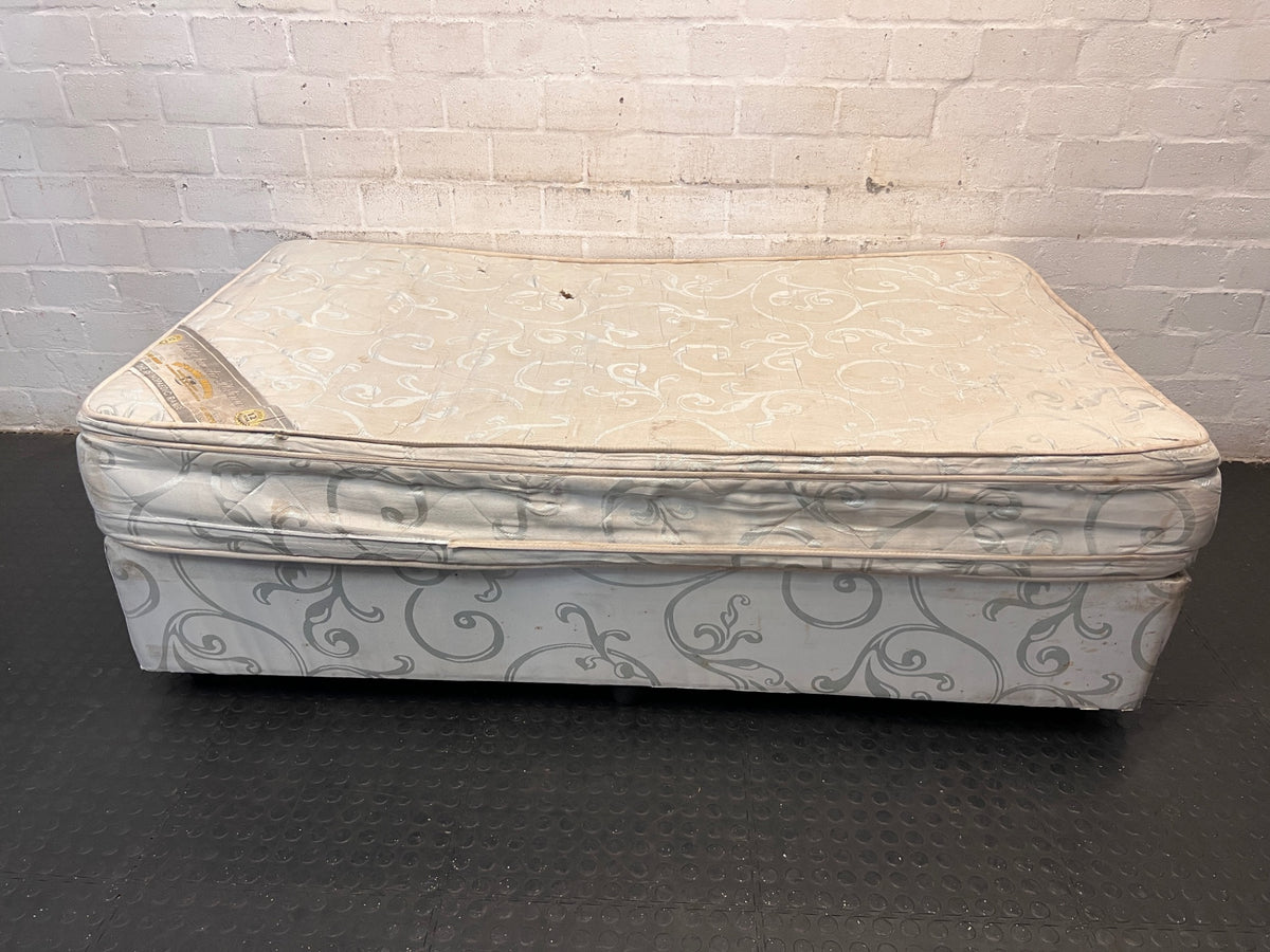 Single Upholstered Base Set with Patterned Mattress — Well Used with Significant Staining – side view