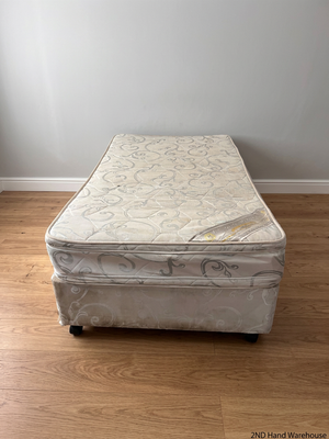 Single Upholstered Base Set with Patterned Mattress — Well Used with Significant Staining – styled product image