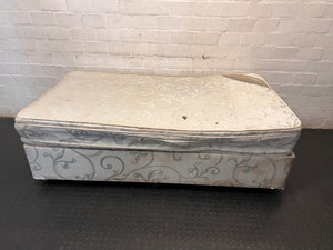 Single Upholstered Base Set with Patterned Mattress — Well Used with Significant Staining – top view