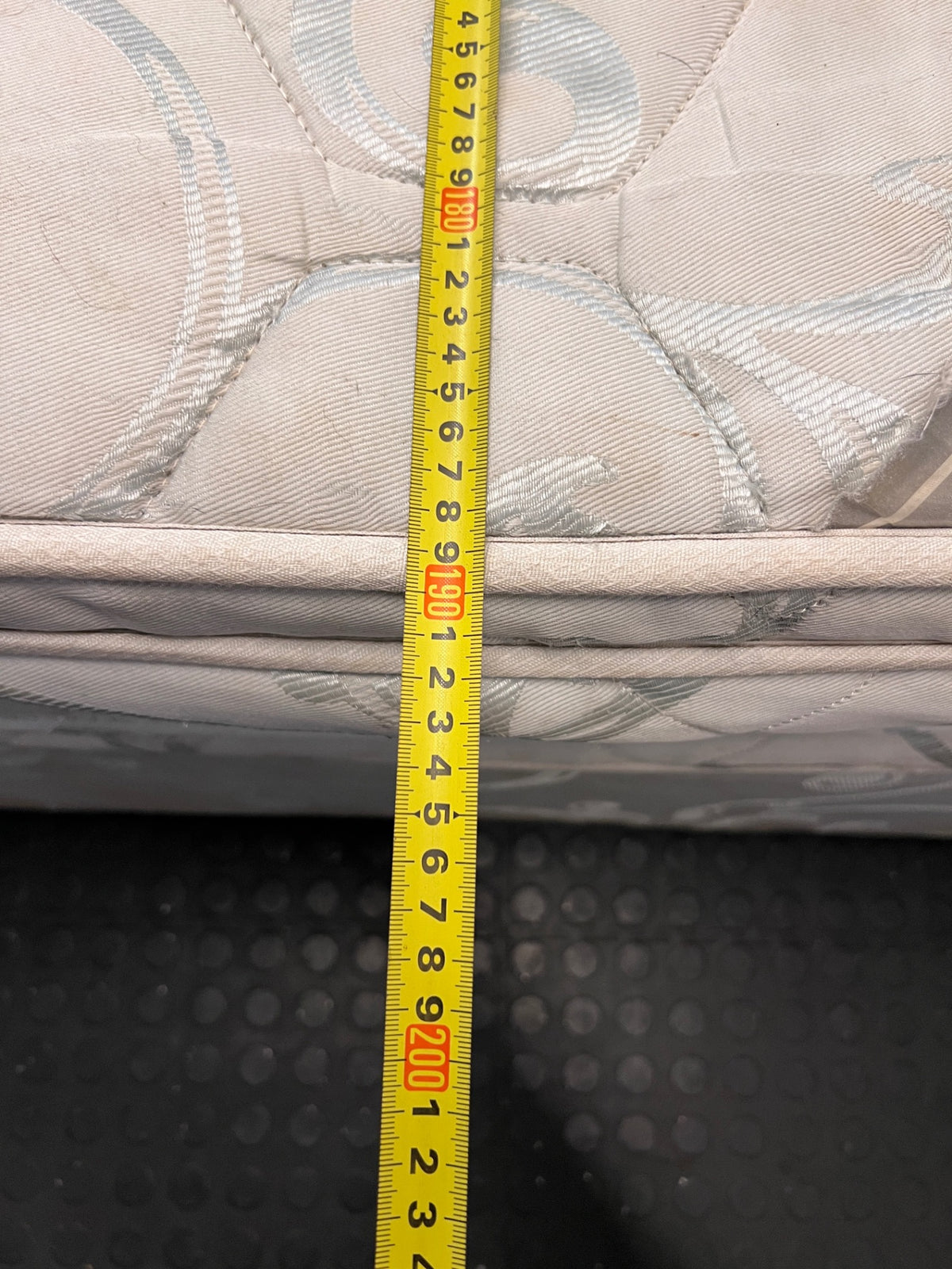Single Upholstered Base Set with Patterned Mattress — Well Used with Significant Staining – width measurement
