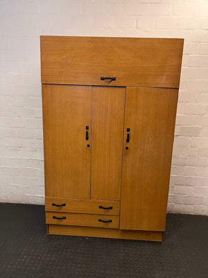 Mid-Century Style Wooden Wardrobe with Top Storage — Fair Used Condition – main front view