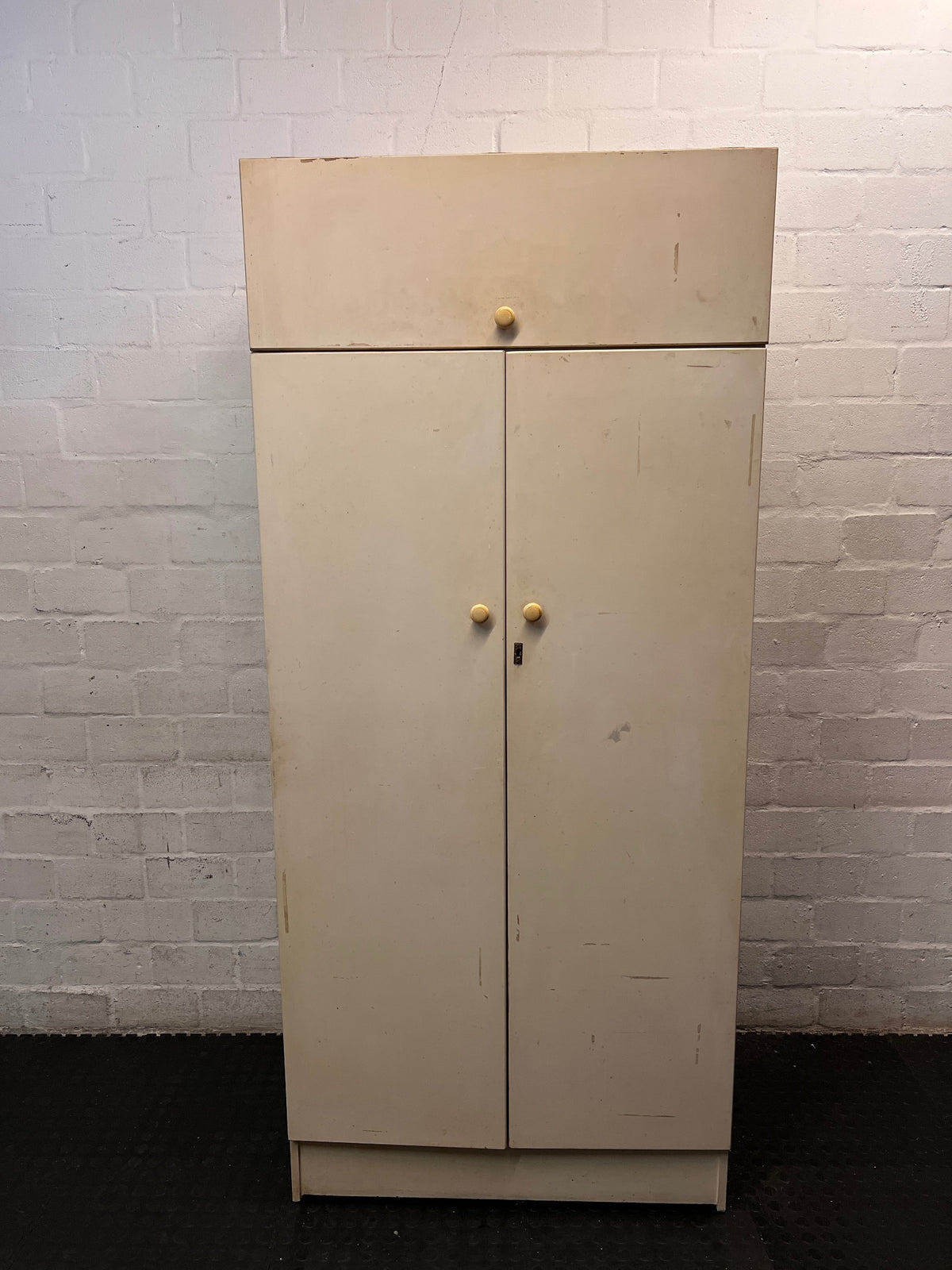 White Double Door Wardrobe with Top Cupboard — Well Used Condition with Surface Marks – main front view
