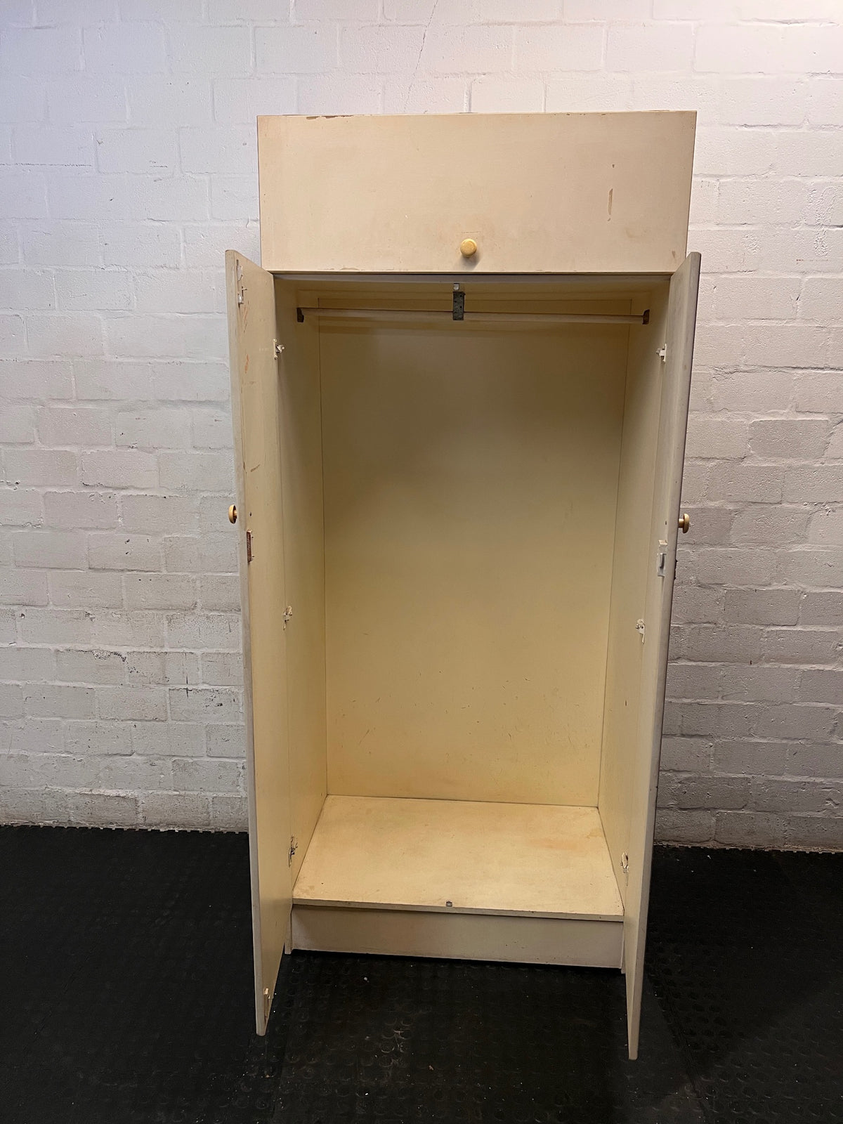 White Double Door Wardrobe with Top Cupboard — Well Used Condition with Surface Marks – side view