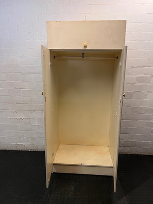 White Double Door Wardrobe with Top Cupboard — Well Used Condition with Surface Marks – side view