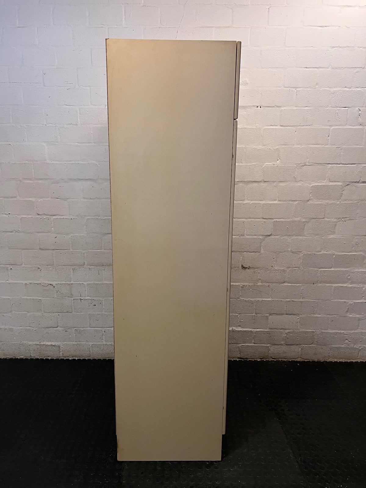 White Double Door Wardrobe with Top Cupboard — Well Used Condition with Surface Marks – top view