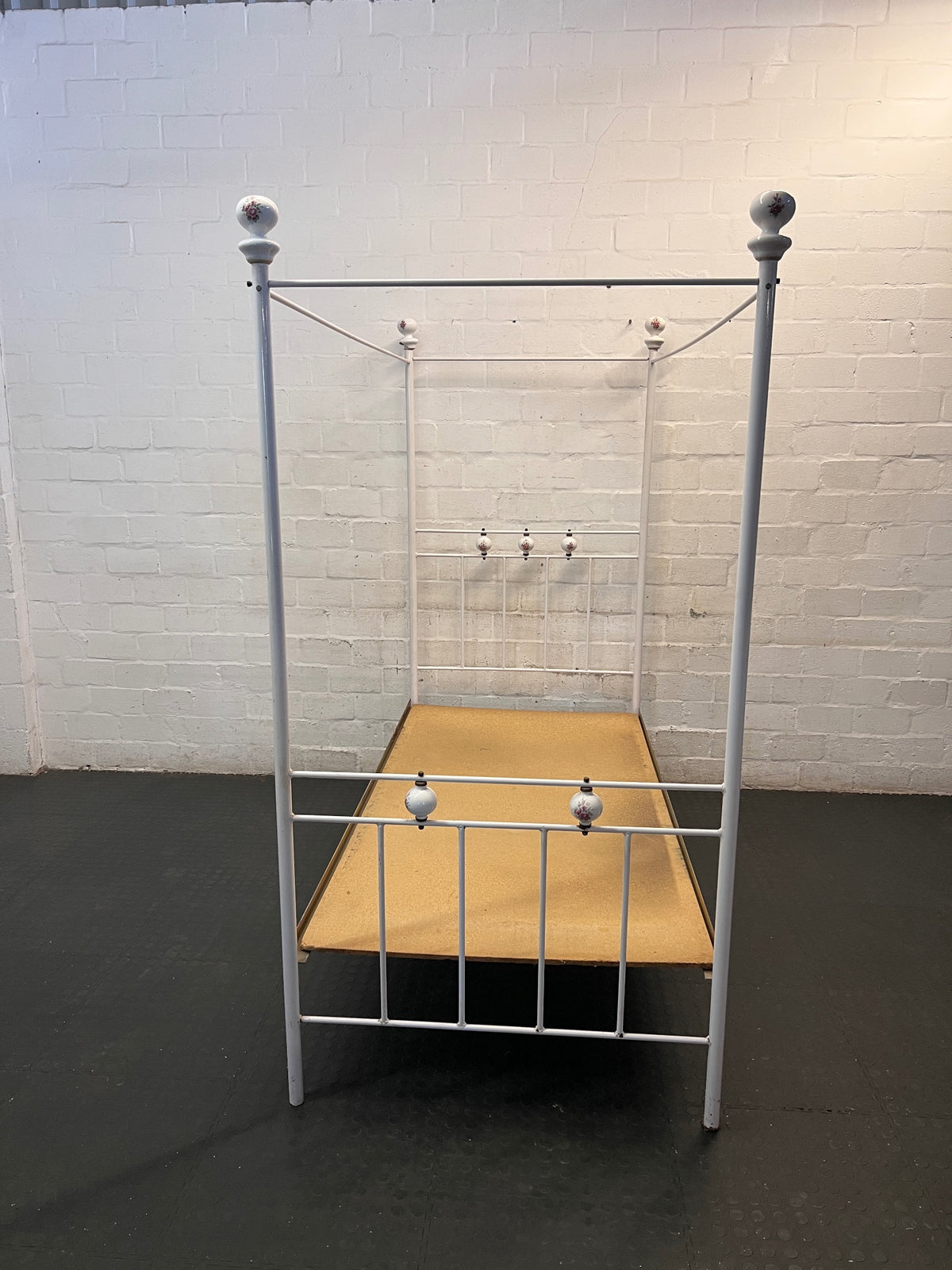 Three Quarter White Metal Four Poster Bed Frame — Well Used Condition – back view
