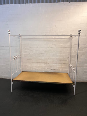 Three Quarter White Metal Four Poster Bed Frame — Well Used Condition – side view
