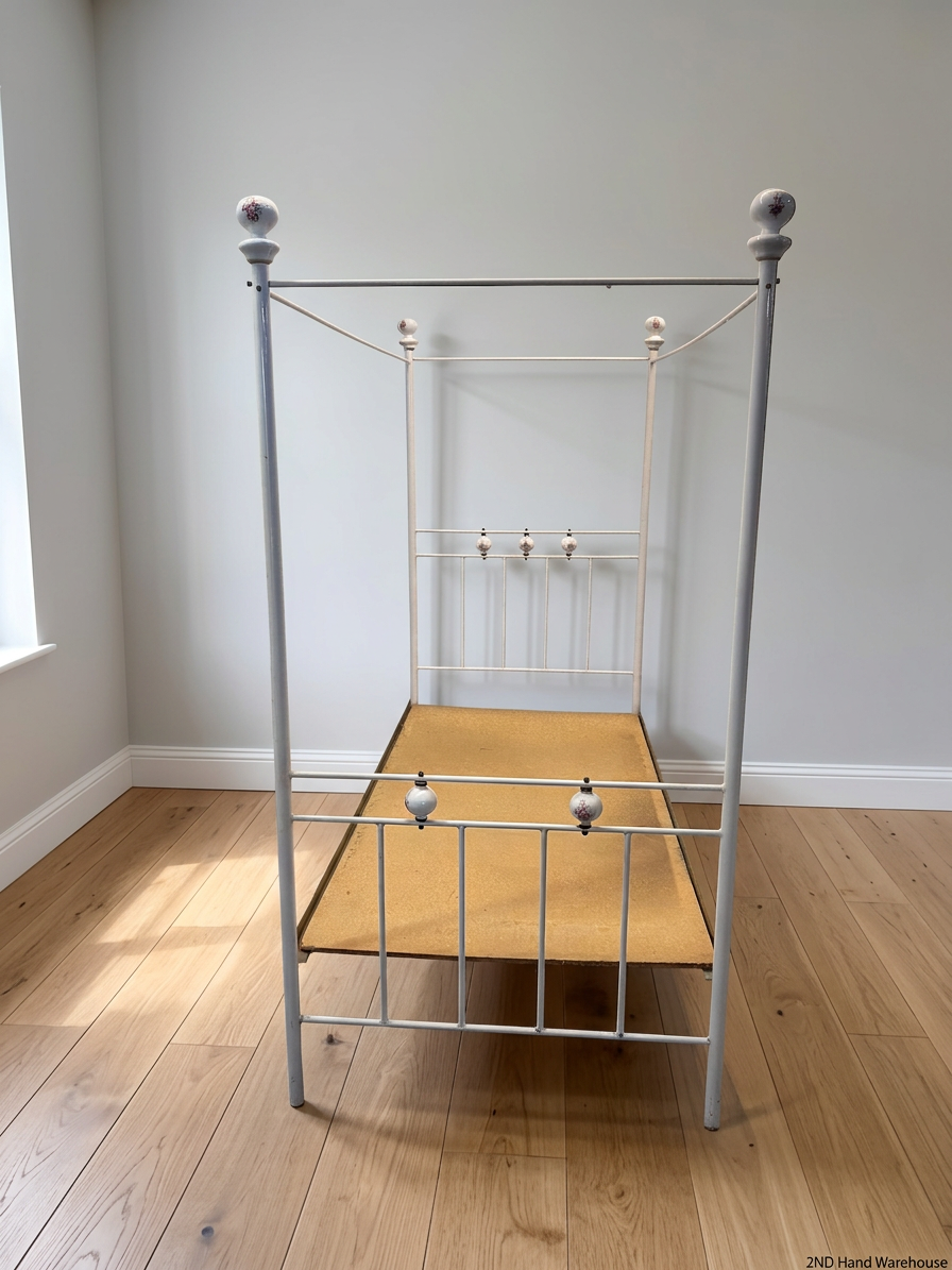Three Quarter White Metal Four Poster Bed Frame — Well Used Condition – styled product image