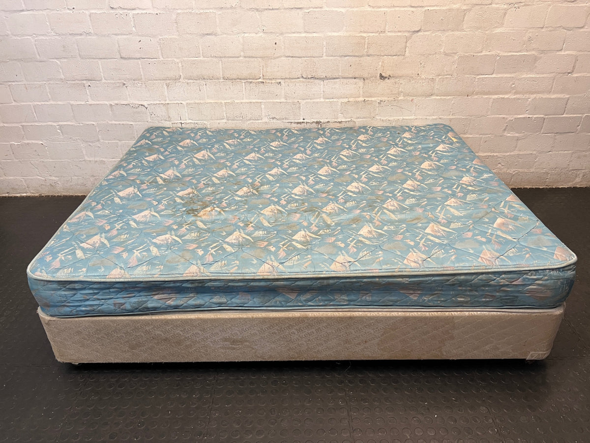 Queen Base Set with Patterned Mattress — Well Used Condition – condition detail