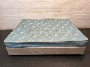 Queen Base Set with Patterned Mattress — Well Used Condition – condition detail