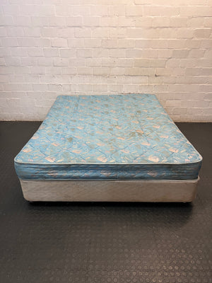 Queen Base Set with Patterned Mattress — Well Used Condition – main front view