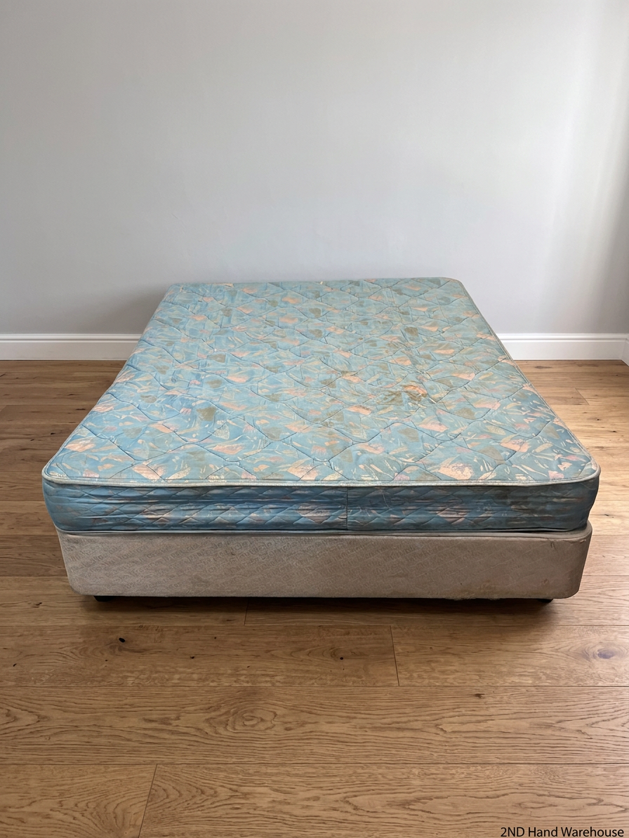 Queen Base Set with Patterned Mattress — Well Used Condition – styled product image