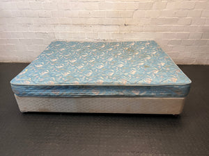 Queen Base Set with Patterned Mattress — Well Used Condition – top view