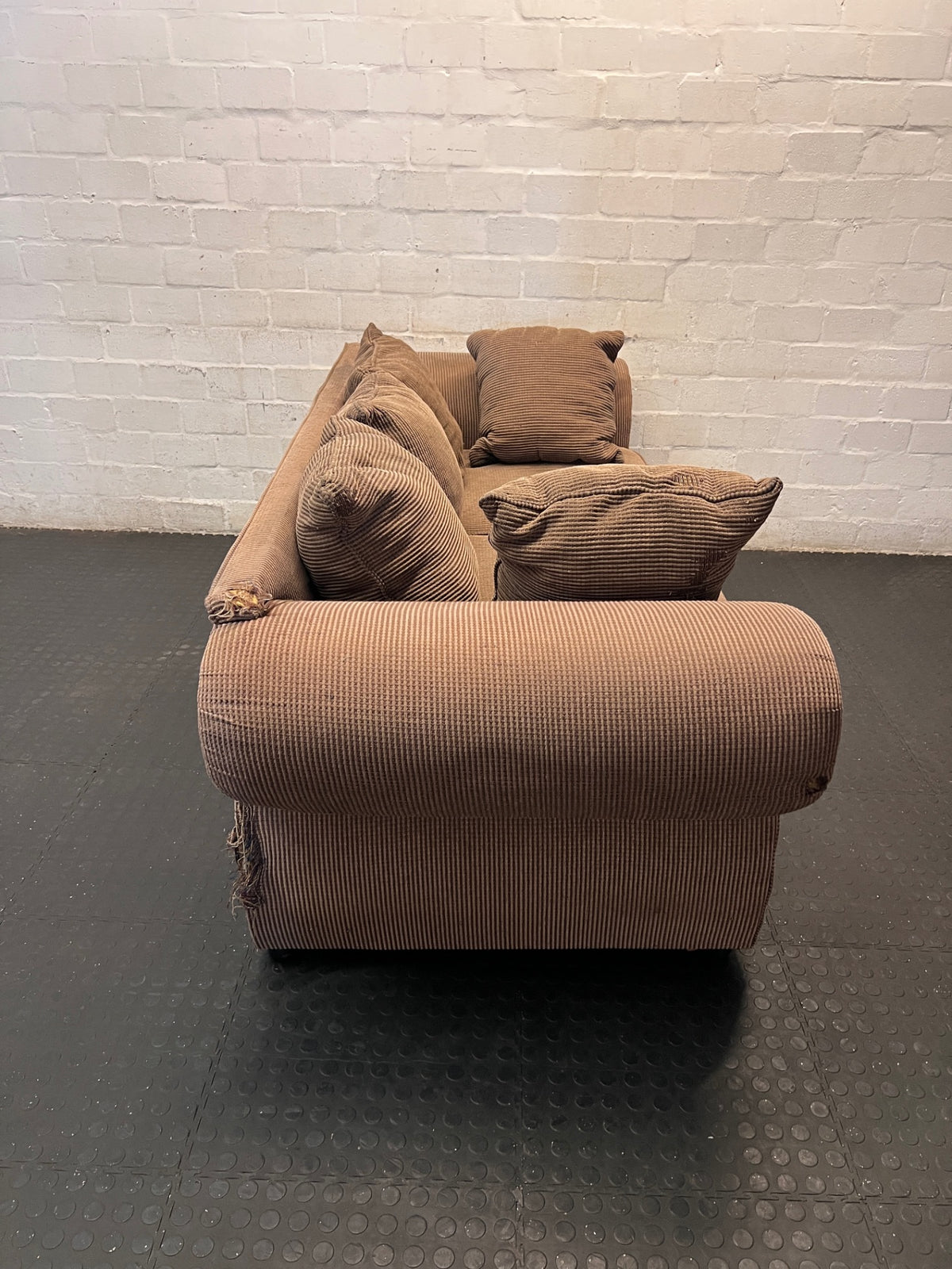 Brown Corduroy 3 Seater Couch with Stud Detail — Well Used Lounge Set – back view