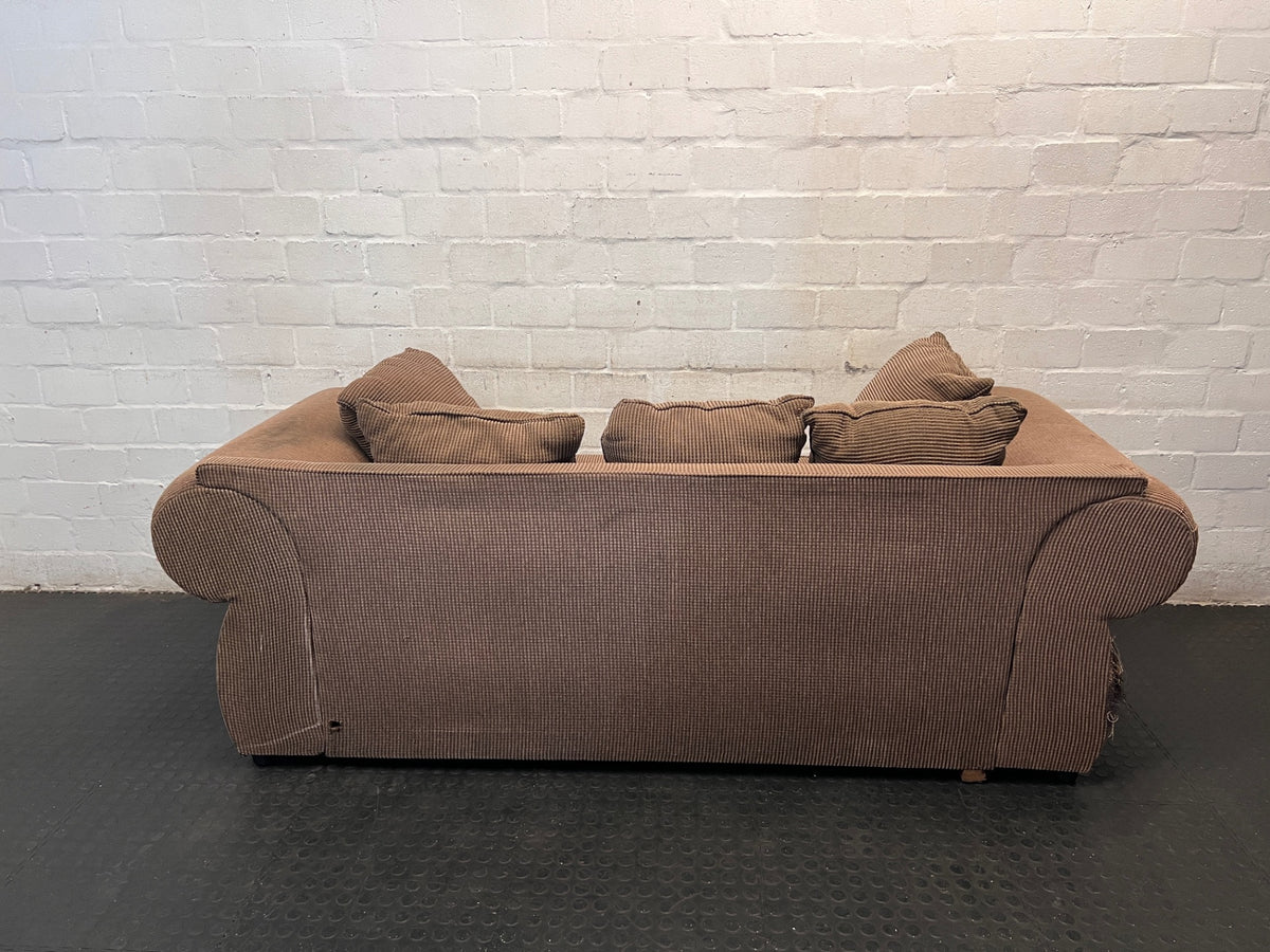 Brown Corduroy 3 Seater Couch with Stud Detail — Well Used Lounge Set – condition detail