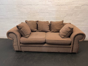 Brown Corduroy 3 Seater Couch with Stud Detail — Well Used Lounge Set – main front view