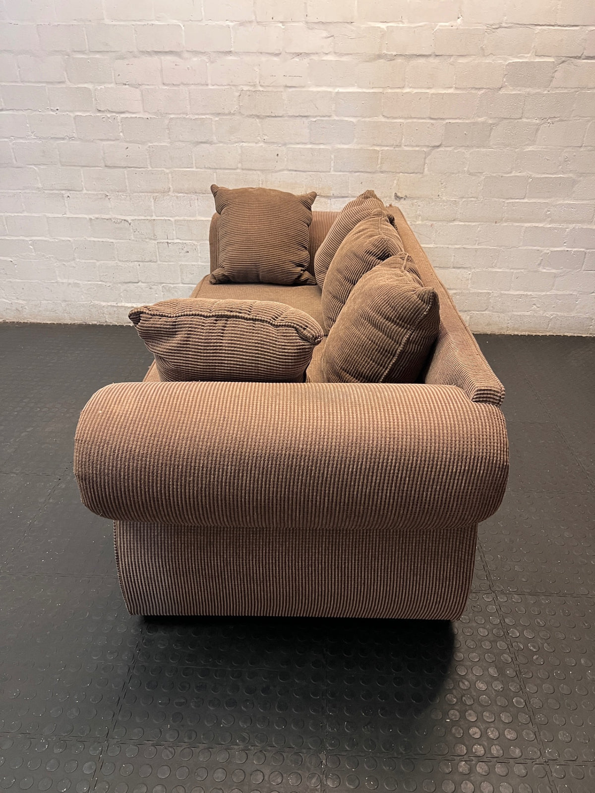 Brown Corduroy 3 Seater Couch with Stud Detail — Well Used Lounge Set – side view