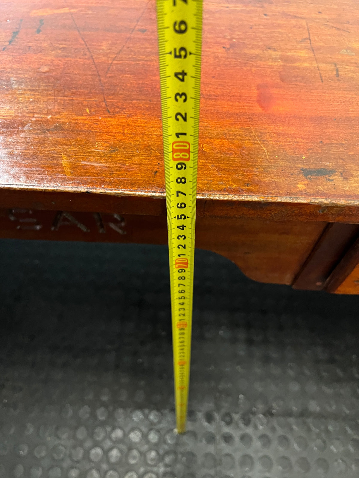 Vintage Wooden Office Desk with SAS-SAR Engraving — Well Used Condition – depth measurement