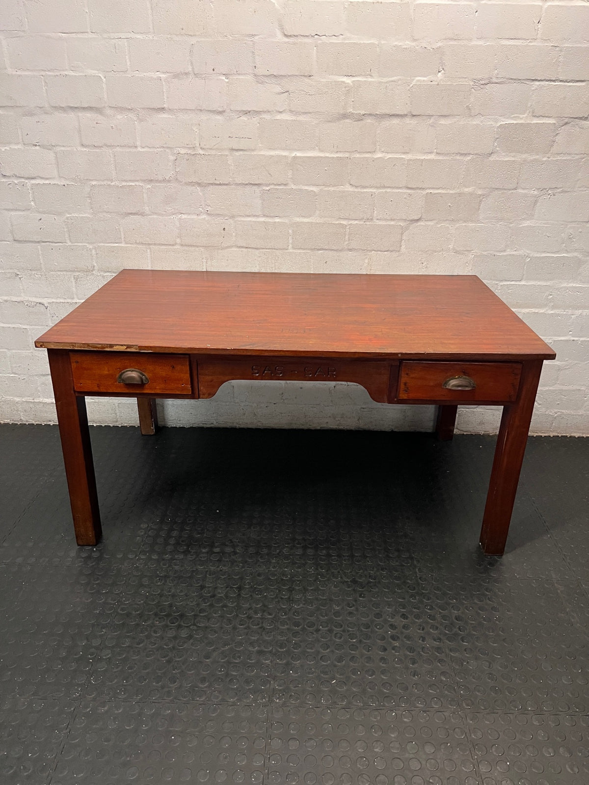 Vintage Wooden Office Desk with SAS-SAR Engraving — Well Used Condition – main front view